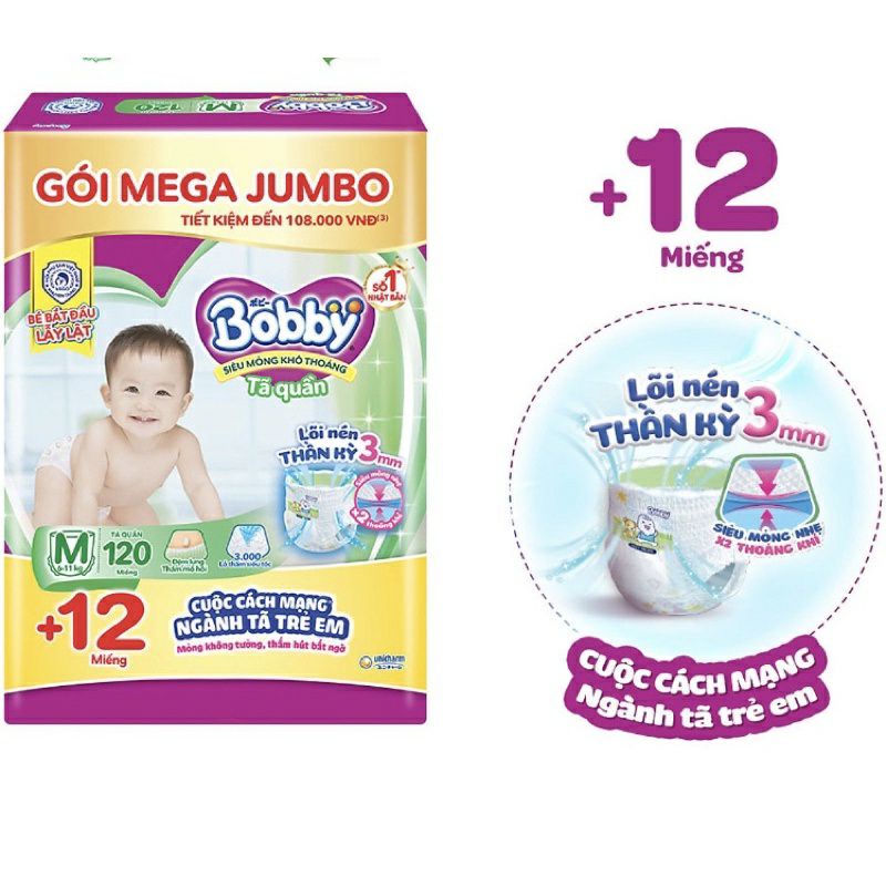 Tã quần Bobby Mega lõi kén 3mm size M120/L104/XL96/XXL88tặng 12 miếng. Bobby