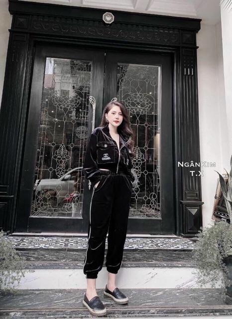 Bộ nhung tay dài quần dài thêu sịn sò