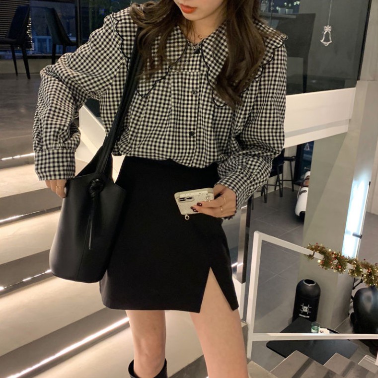 Áo sơ mi cổ búp bê kẻ sọc thời trang retro cho nữ