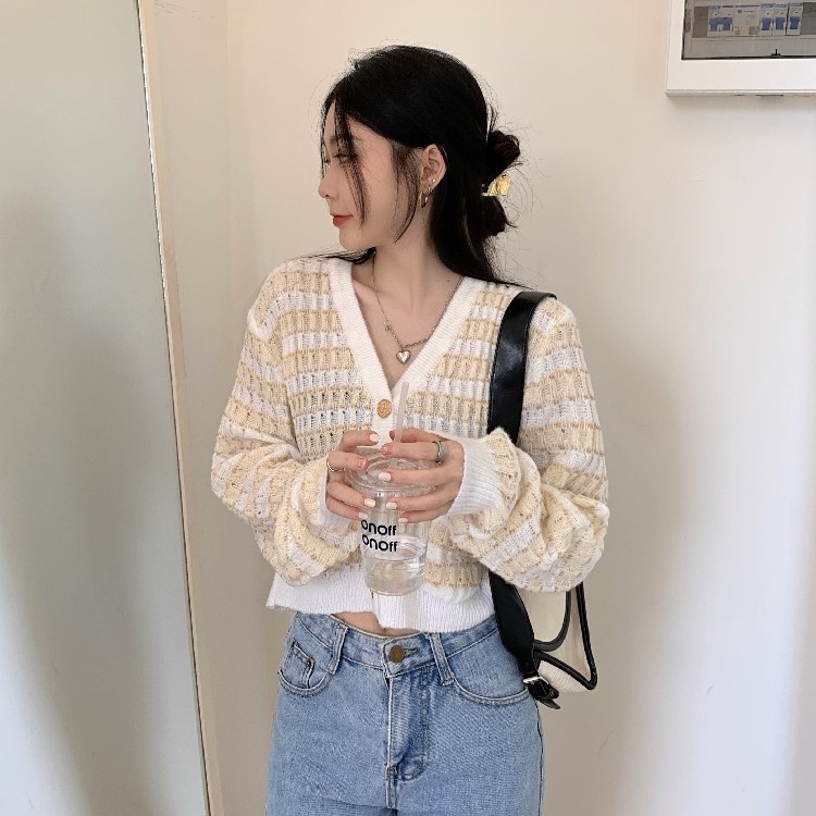 Áo cardigan ZHELIHANGFEI dệt kim tay dài lưng cao kẻ sọc thời trang sang trọng