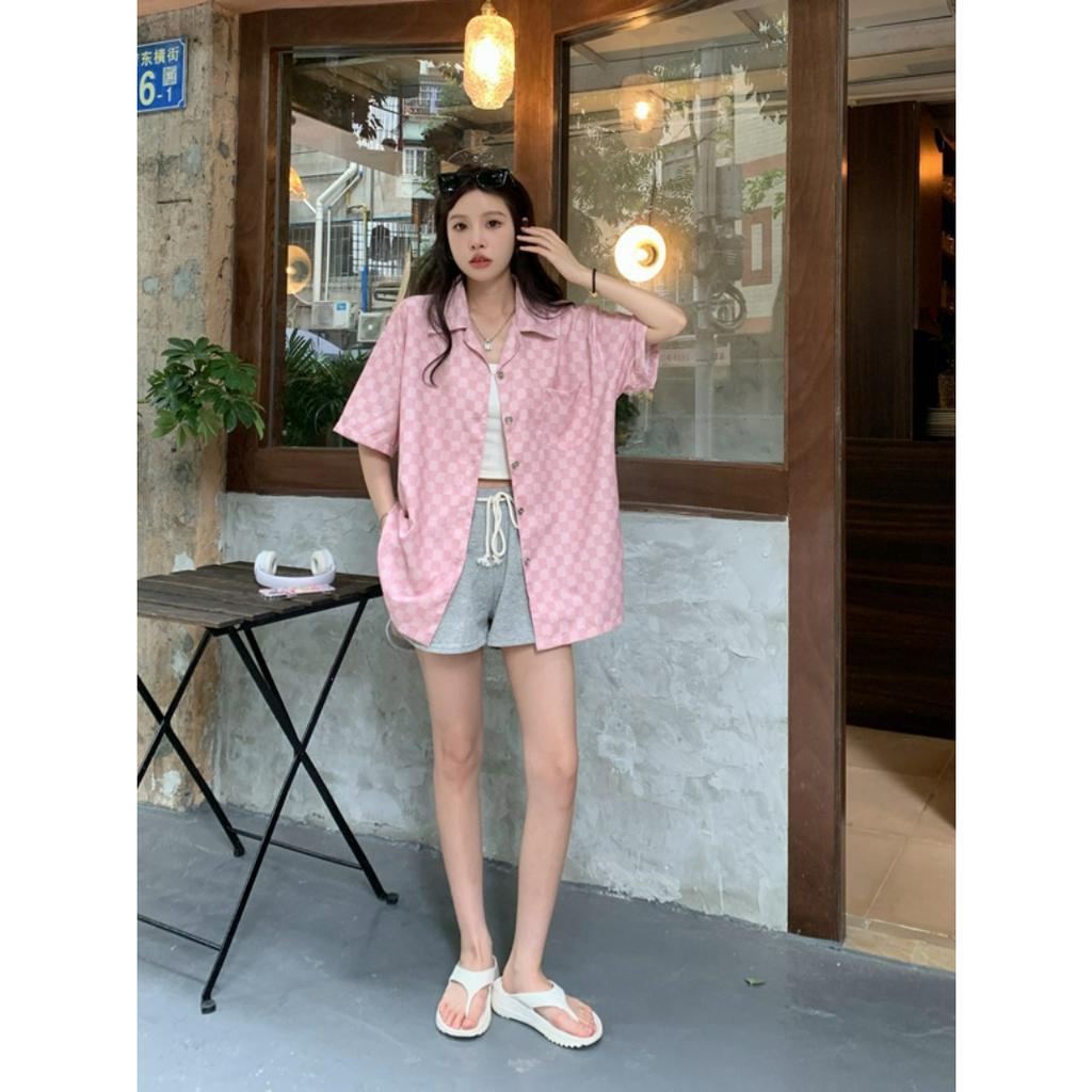 「 WELOVE1 」Áo Sơ Mi Tay Ngắn Dáng Rộng Họa Tiết Kẻ Ô Nhiều Màu Sắc Retro Thời Trang Mùa Hè Cho Nữ