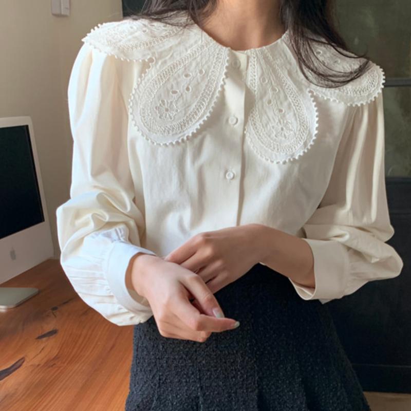 Áo sơ mi IELGY dài tay có cổ không đối xứng theo phong cách retro cá tính Hàn Quốc cho nữ