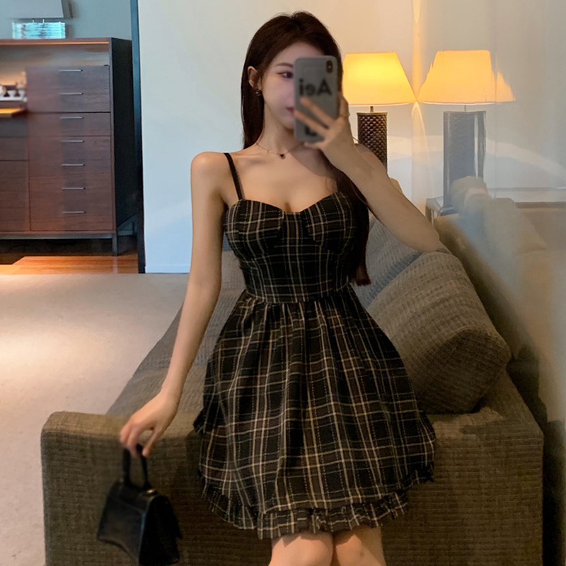 Đầm Hai Dây Họa Tiết Sọc Caro Phong Cách Hàn Quốc Thời Trang Mùa Hè Cho Nữ
