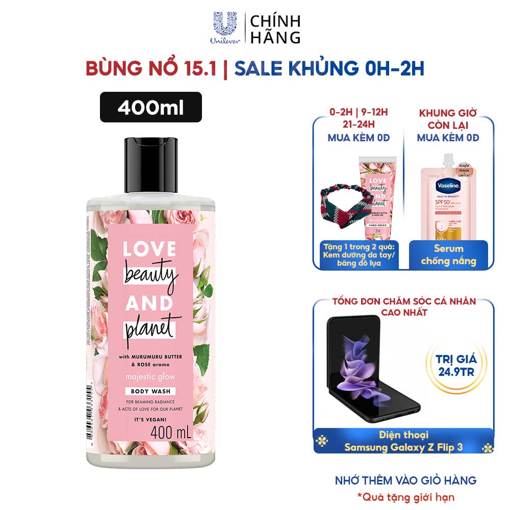 Sữa Tắm Love Beauty &amp; Planet Majestic Glow Làm Sáng Da Dưỡng Ẩm Từ Thiên Nhiên 100% Tinh Dầu Hoa Hồng Bulgaria 400Ml