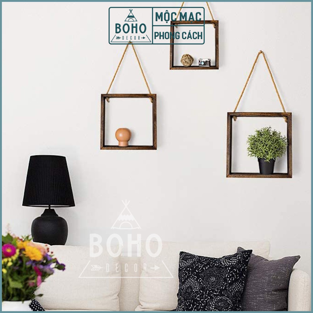 [Hàng Xuất Khẩu] Kệ Treo Tường BOHO DECOR, Kệ Trang Trí Nhà Cửa Phong Cách, Độc Đáo, Gỗ Thông Tự Nhiên Set 3 Kệ Vuông