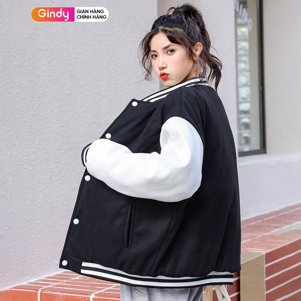 Áo khoác bomber bòng chày trơn unisex GINDY chất da lộn form rộng dày dặn, mặc đi học, đi chơi size M (40kg-75kg) A1211 | BigBuy360 - bigbuy360.vn