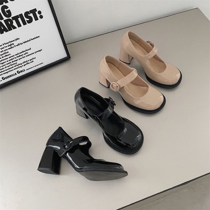 Giày nữ Mary Jane cao gót đế vuông 7p mũi tròn da bóng Eudora899 quai ngang vintage GB18