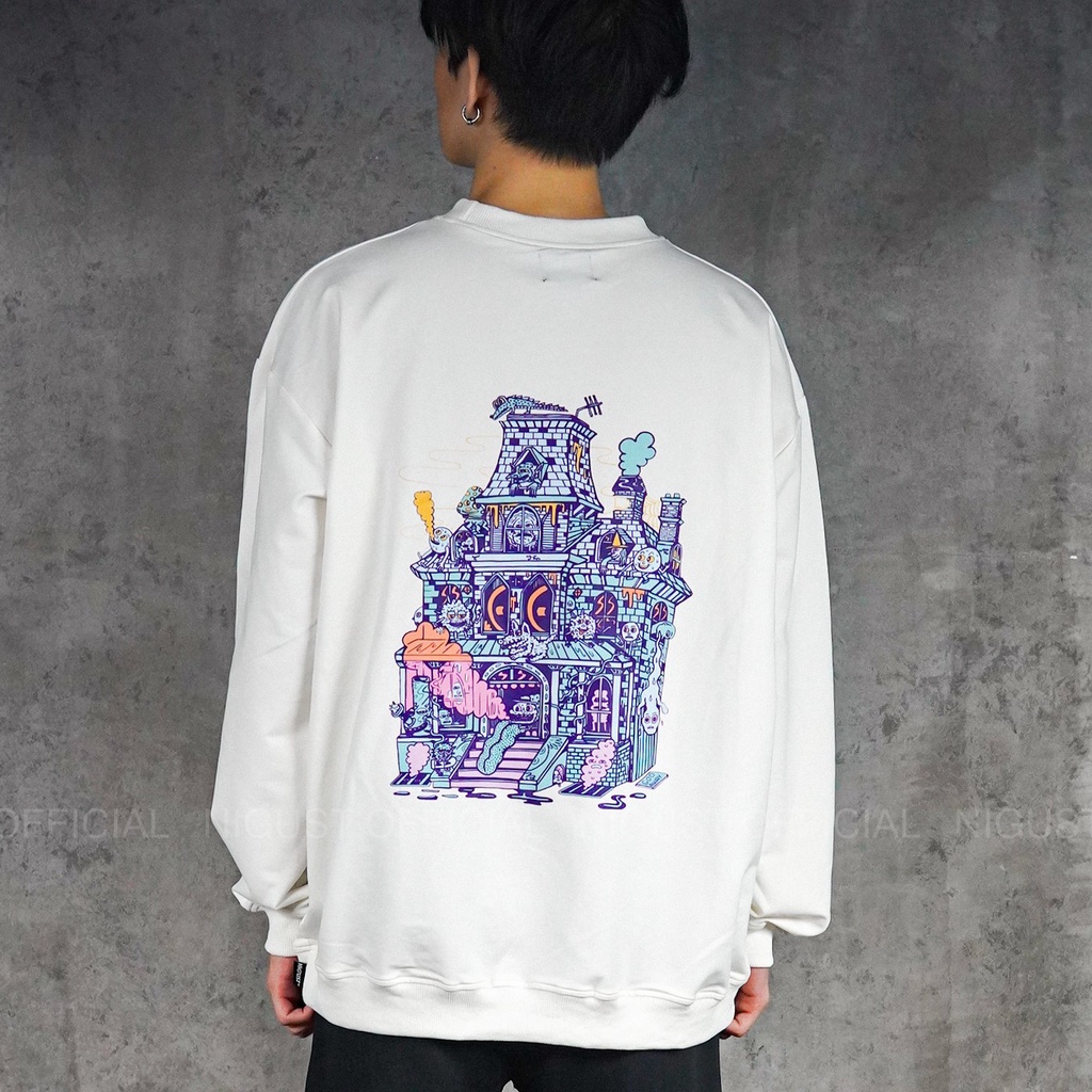 Áo sweater nam nữ local brand NIGUST 88 Spook House N212 chất liệu nỉ da cá form rộng màu đen trắng Fullbox