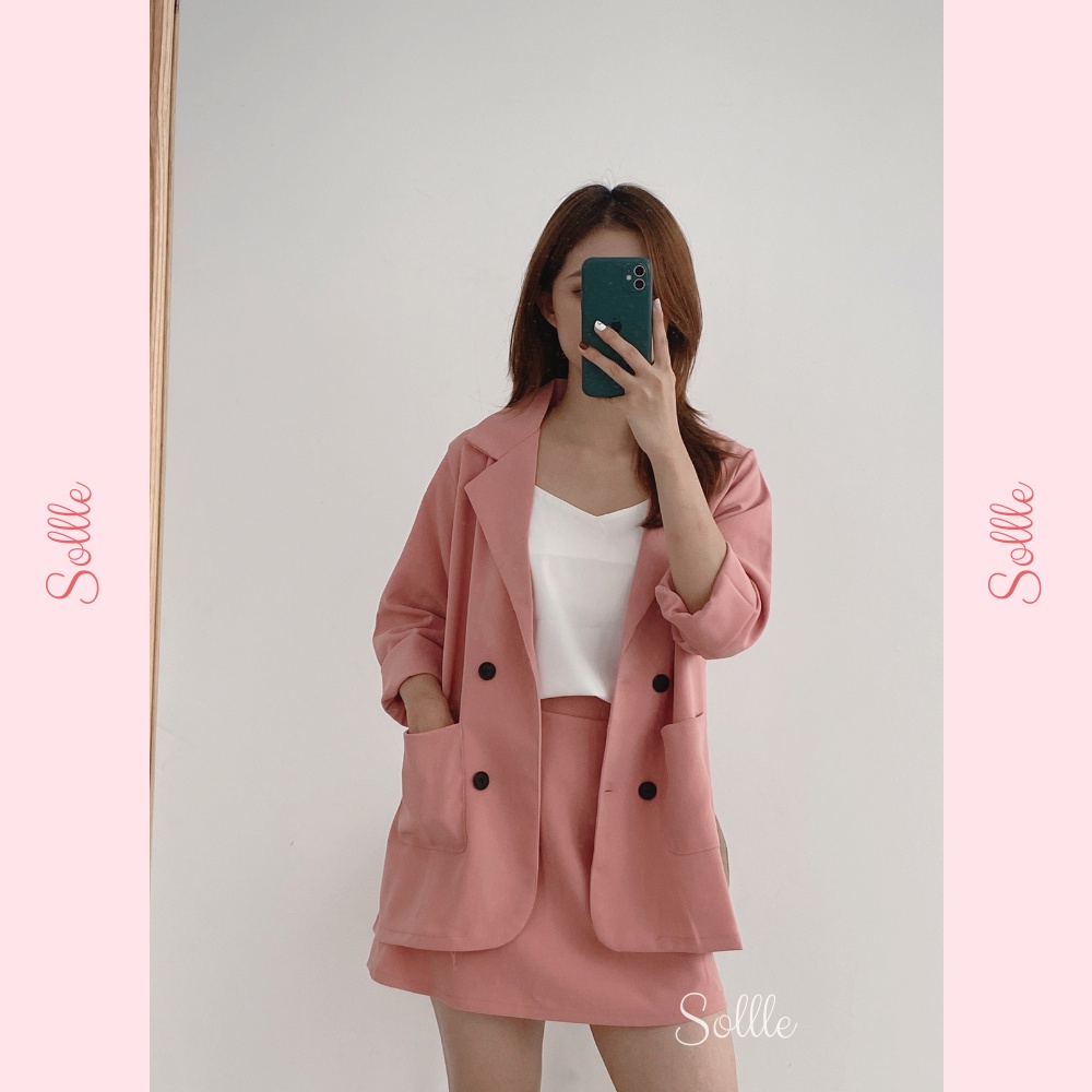 Set áo vest trơn blazer dài tay kèm chân váy ngắn A chun lưng free size Hàn Quốc nhiều màu lịch sự Sollle
