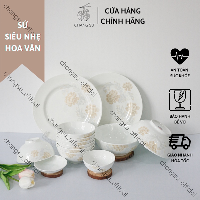 Set bát dĩa 12 món sứ xương hoa văn bắc âu cổ điển - Sứ xương siêu nhẹ Minh Châu