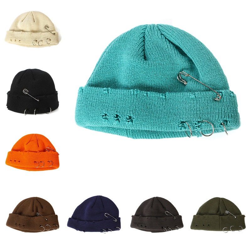 Mũ trùm đầu dệt kim mềm mại màu trơn phối lỗ rách phong cách hip hop Harajuku mùa thu đông 2022