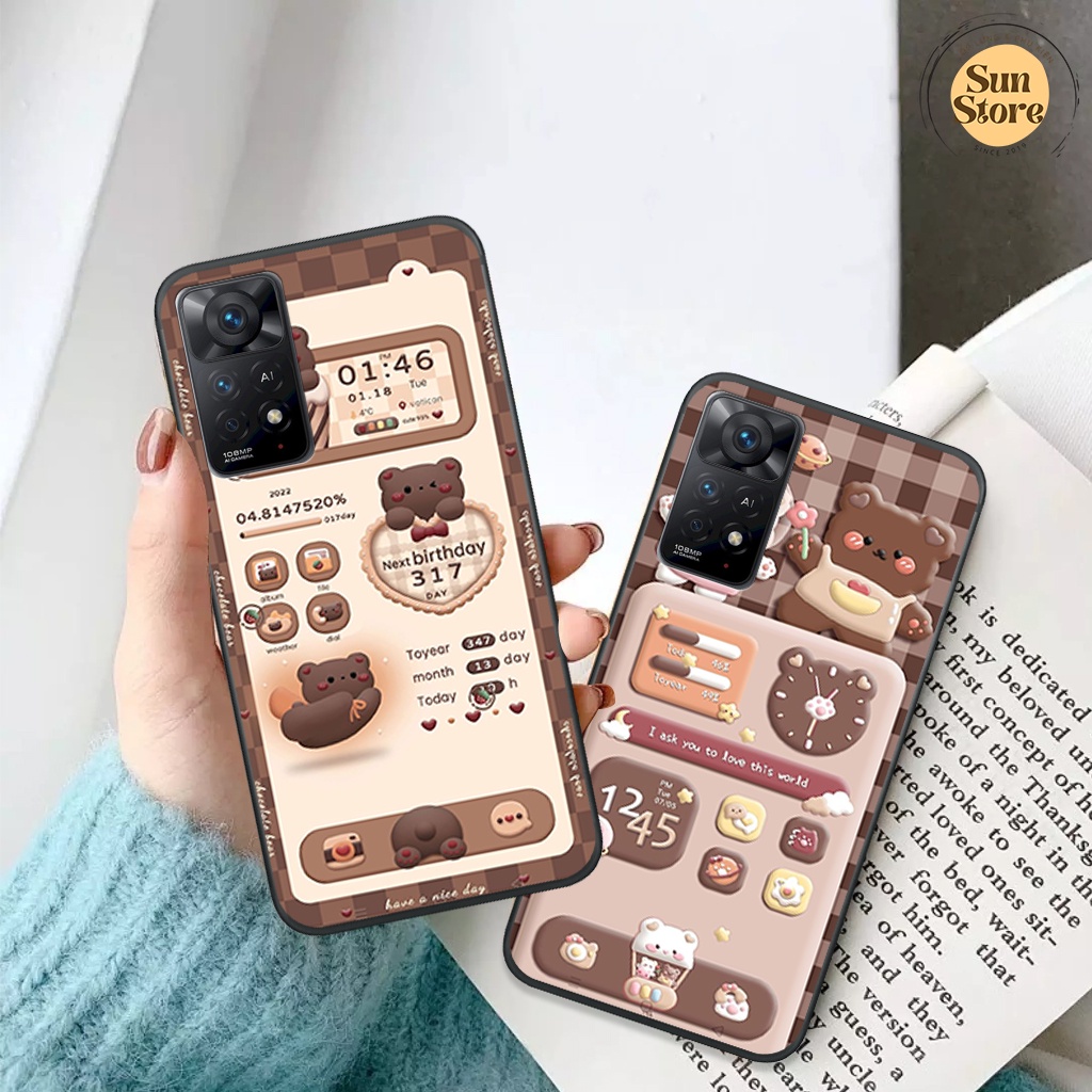 Ốp lưng Xiaomi Redmi Note 11/ Redmi Note 11S hoạ tiết 3D nền kẻ caro, gấu đáng yêu viền dẻo