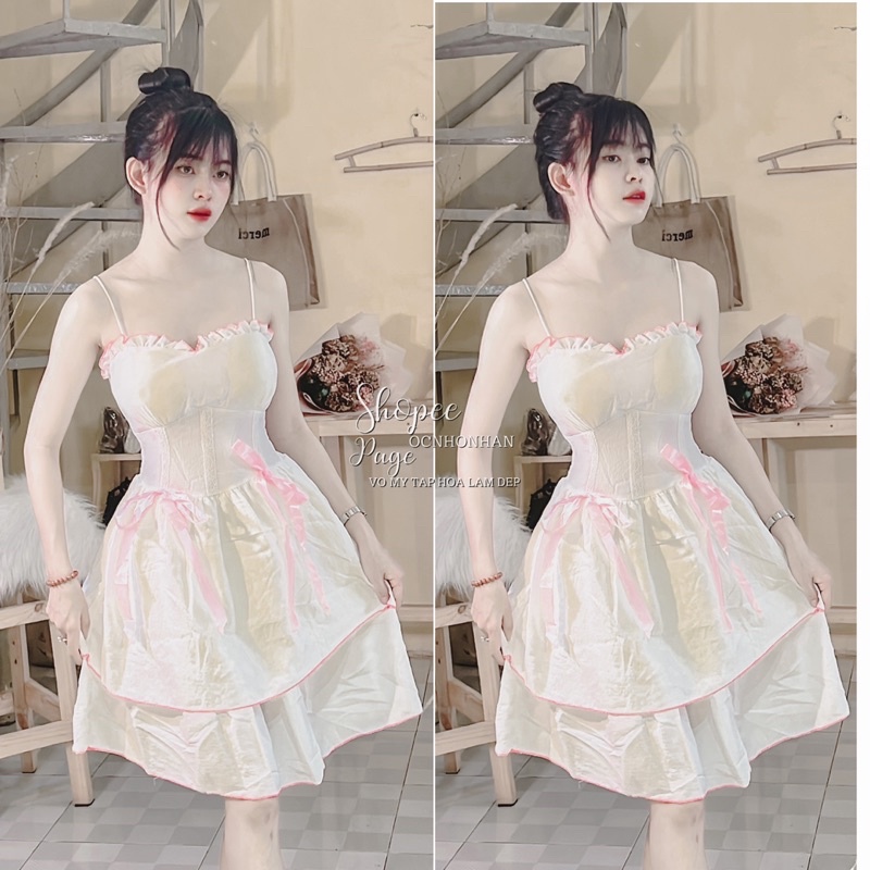 Đầm cup ngực xoè nơ tiểu thư