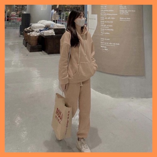 Set Bộ Nỉ Nữ Trơn Màu Nâu - Bộ Áo Dài Tay Hoodie Có Mũ Quần Jogger Dáng Rộng Phong cách Hàn Quốc - LINH CHI STORE