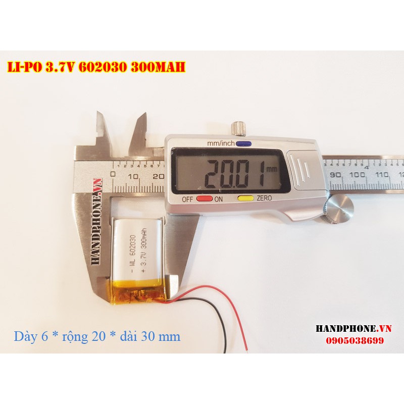 Pin Li-Po 3.7V 300mAh 602030 (Lithium Polymer) cho điện thoại, loa Bluetooth, định vị GPS, máy ghi âm, camera hành trình