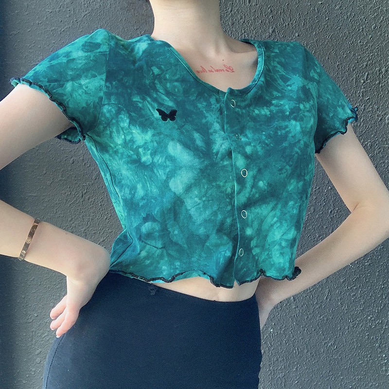 Women Fashion Tie-dye Butterfly Embroidery Top Summer Short Sleeve Round Neck Crop Top