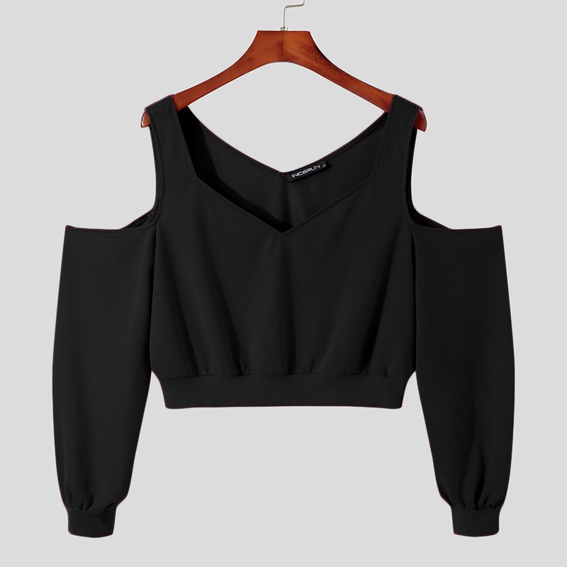 Áo crop top INCERUN tay dài phồng cổ chữ V 3 màu sắc tùy chọn thời trang dành cho nam