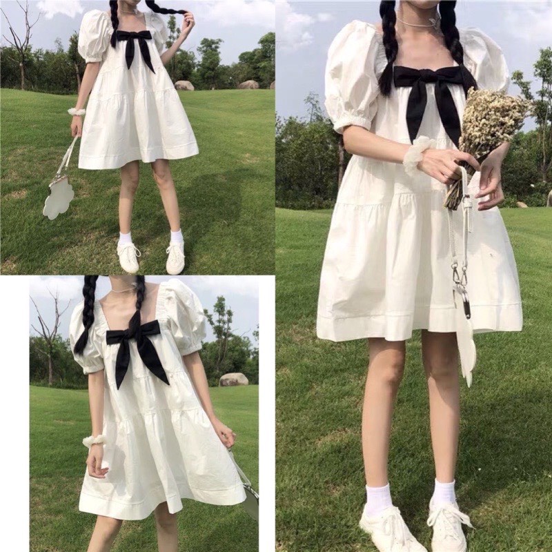 Váy Babydoll Trắng Nơ Đen Tay Bồng Cổ Chun Cute Hot Hit Đầm Nữ Dáng Lỡ Trễ Vai Cute Công Chúa Tiểu Thư Bánh Bèo