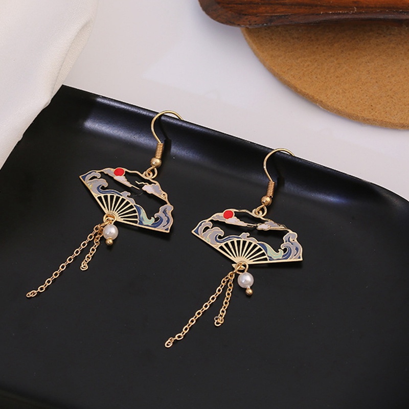 Ygt Bông Tai Dáng Dài Hình Quạt Rỗng Đính Ngọc Trai Phối Tua Rua Đám Mây Hoa Anh Đào Đám Mây