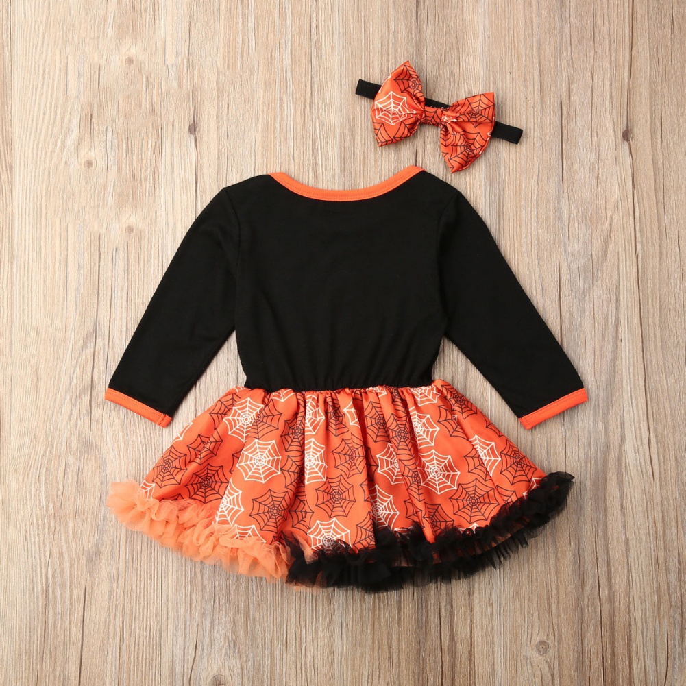 Đầm Tay Dài Hoạ Tiết Bí Ngô Phong Cách Halloween Cho Bé