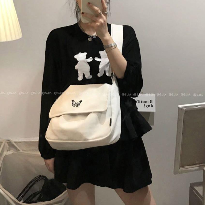 Túi tote vải canvas Nữ unisex cao cấp đựng đồ đi học, đi chơi thêu hình con bướm nhỏ dễ thương Hàn Quốc giá rẻ