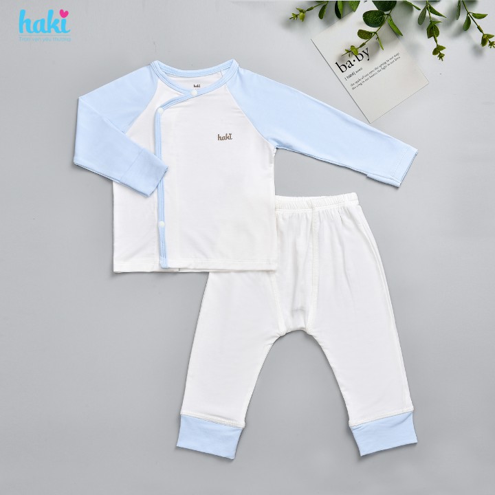 Bộ quần áo sơ sinh cài chéo, tay raglan phối màu cho bé vải sợi tre siêu mềm mịn cao cấp HAKI BB036