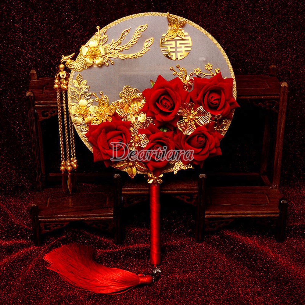 Quạt Cầm Tay Cô Dâu Màu Vàng Đỏ Phong Cách Vintage