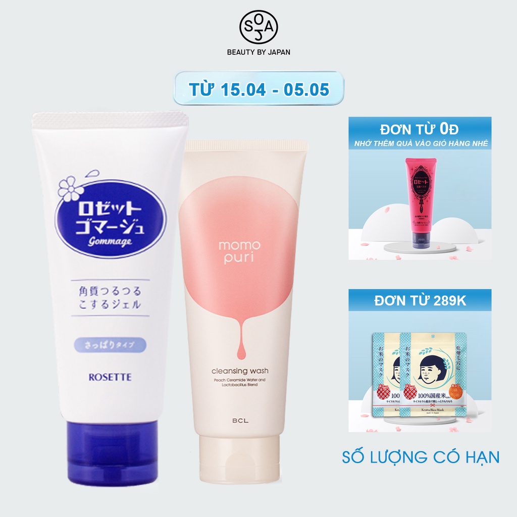 Combo Tẩy Tế Bào Chết Rosette Gommage 180G và Sữa Rửa Mặt Tẩy Trang Hương Đào Momopuri Cleansing Wash 150G