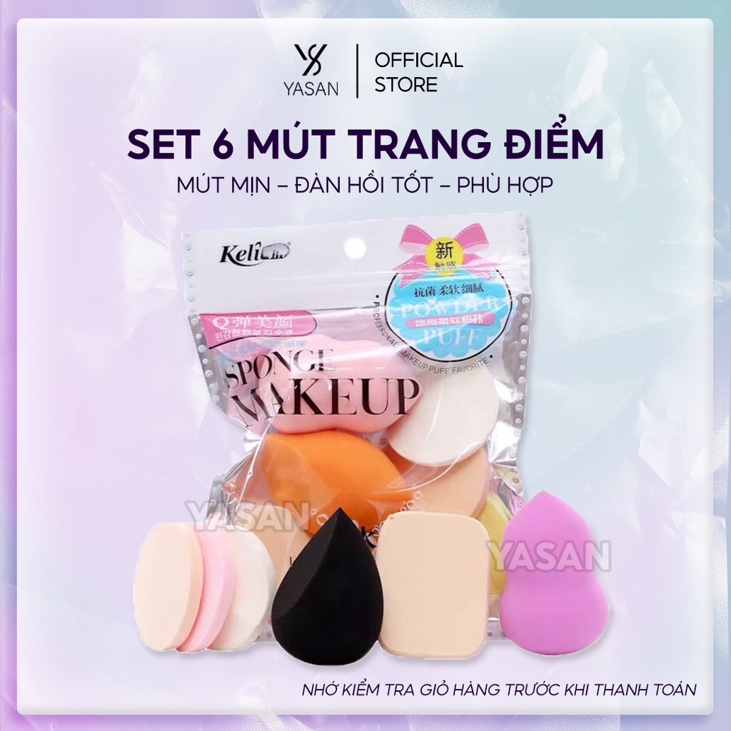 Set 6 bông mút trang điểm siêu cute đẹp mịn đàn hồi cực tốt, miếng mút trang điểm, tán kem, tán phấn Yasan