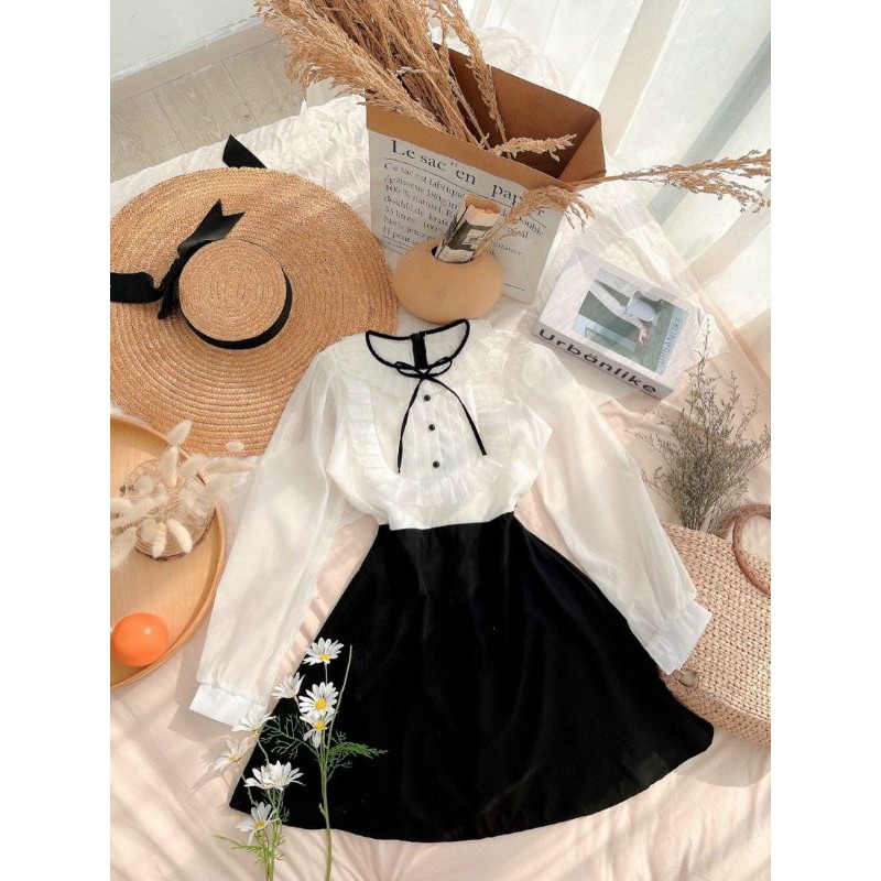 Đầm đen phối trắng cổ bèo nơ thắt