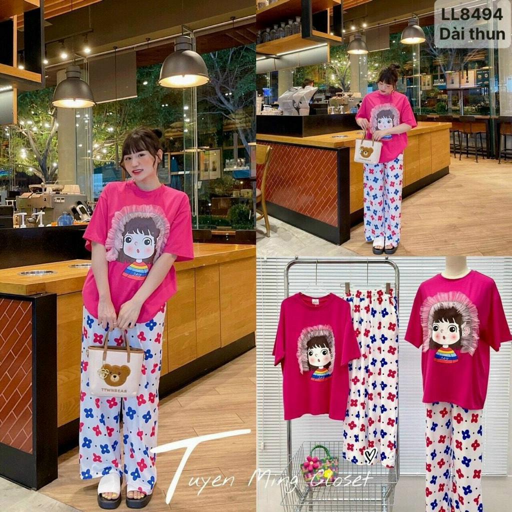 Set bộ dài áo thun in , quần gân ống suông rộng .Có sẵn