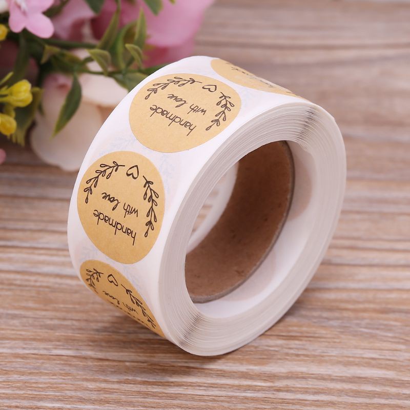 500 Miếng dán giấy kraft in chữ "handmade with love" dùng để trang trí sổ tay/ tiệc cưới