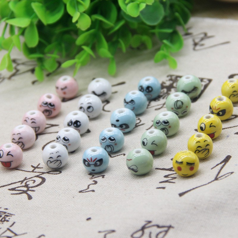 Túi 10 Hạt Sứ Xâu Chuỗi 14mm Hình Mặt Cười Dùng Làm Trang Sức Thủ Công