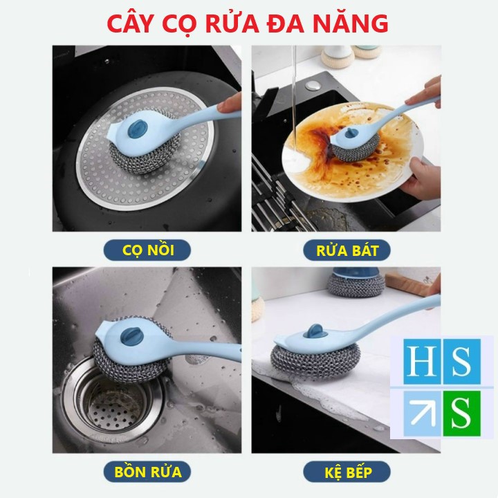 Cây cọ rửa ĐA NĂNG kèm búi lưới cán dài 27cm dụng cụ chà xoong nồi rửa chén bát kệ bếp bồn rửa cọ nền - HS Shop Đà Nẵng