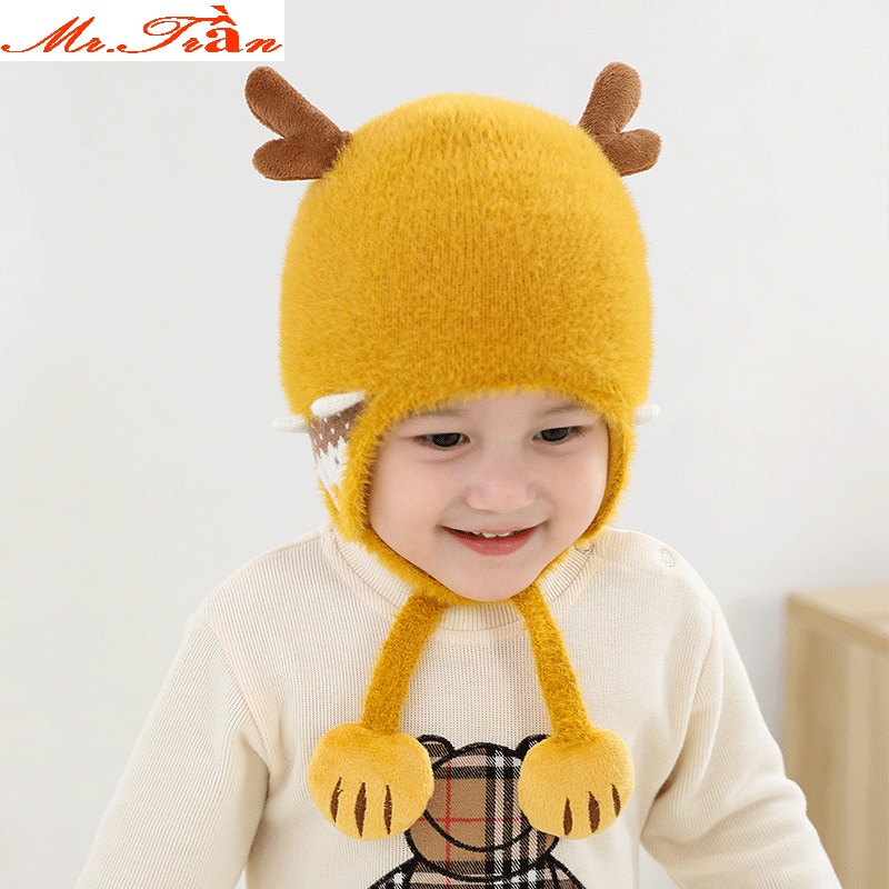 Mũ len sừng Nai ấm áp mũ nón len mùa đông cho bé có vành bịt tai kute