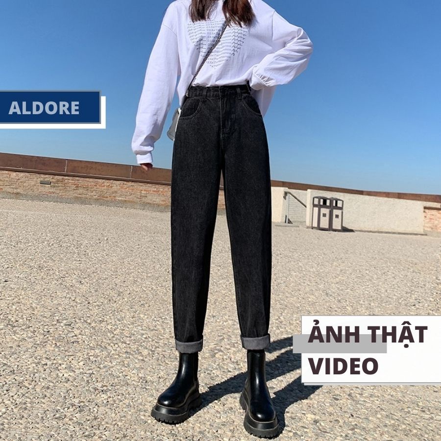 Quần baggy jean nữ ống ôm màu đen thương hiệu Aldore phong cách học sinh MSBĐ1