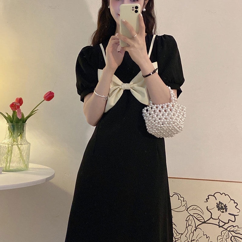 Đầm YEYA tay ngắn cổ tròn trang trí nơ xinh xắn thời trang dành cho nữ