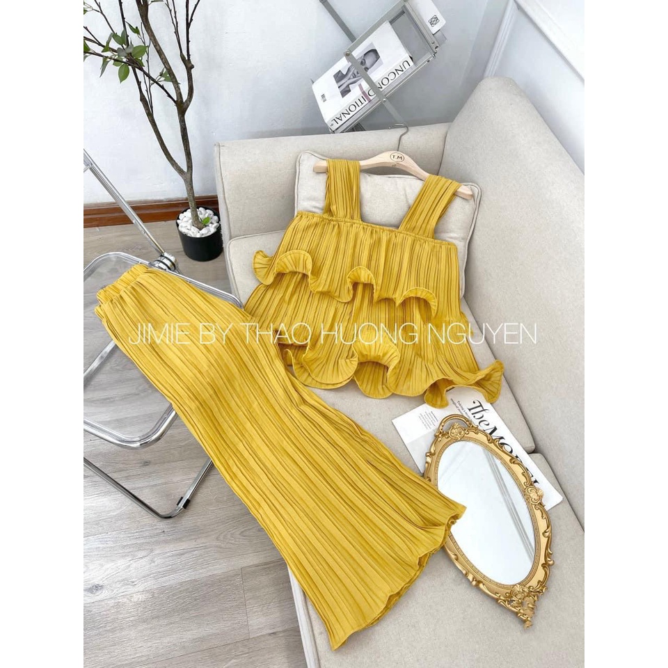 Bộ hai dây dập ly cho nữ mặc nhà, mặc đi chơi, áo dây bản to, quần ống rộng siêu chất, vải lụa xịn sò