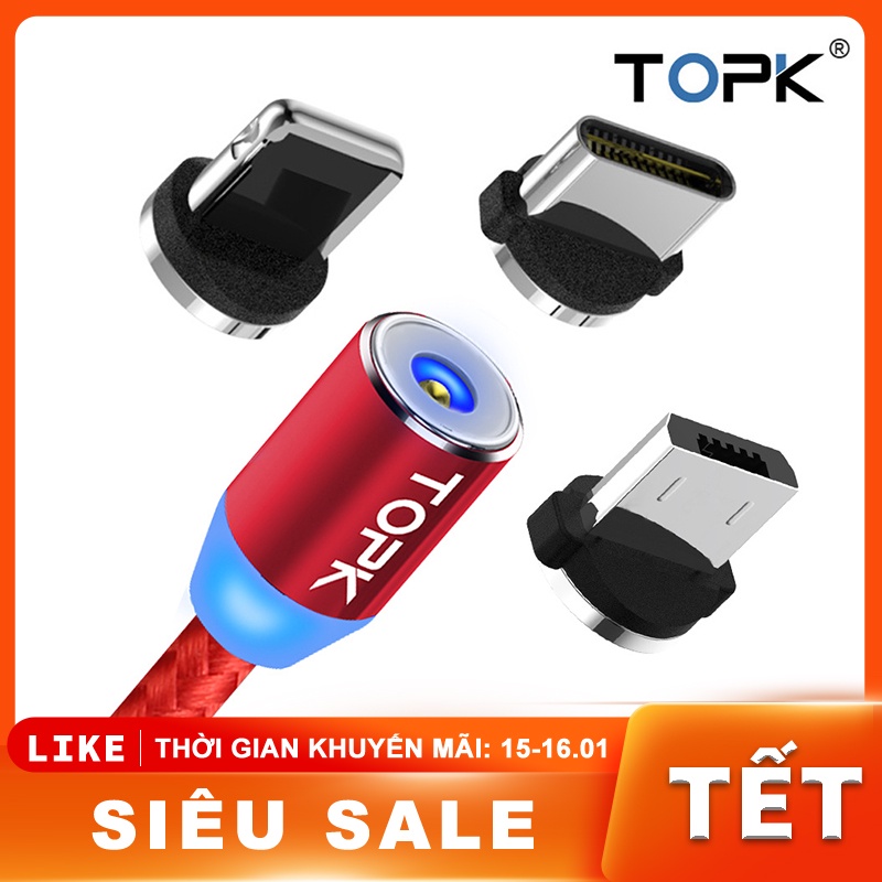 Cáp sạc nam châm cao cấp AM23 3 trong 1 TOPK gồm 3 đầu nam châm rời,dùng được cho cả Samsung, Iphone và Xiaomi[SJX10006]