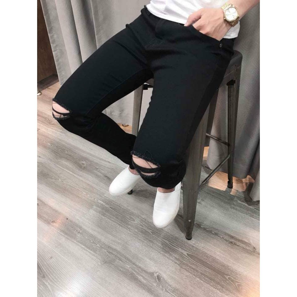 Quần Jeans Unisex màu Đen Trơn/ Rách gối - Quần jean dáng SKINNY nam nữ unisex