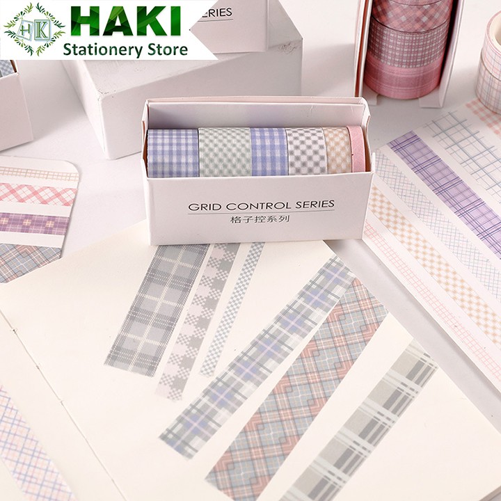 [Mã LIFEXANH03 giảm 10% đơn 500K] Washi tape caro HAKI, băng dính washi tape cute bộ 6 cuộn trang trí sổ giá rẻ BD07