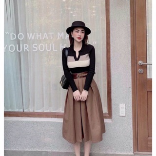 Váy thô xếp ly to pha đai da lộn