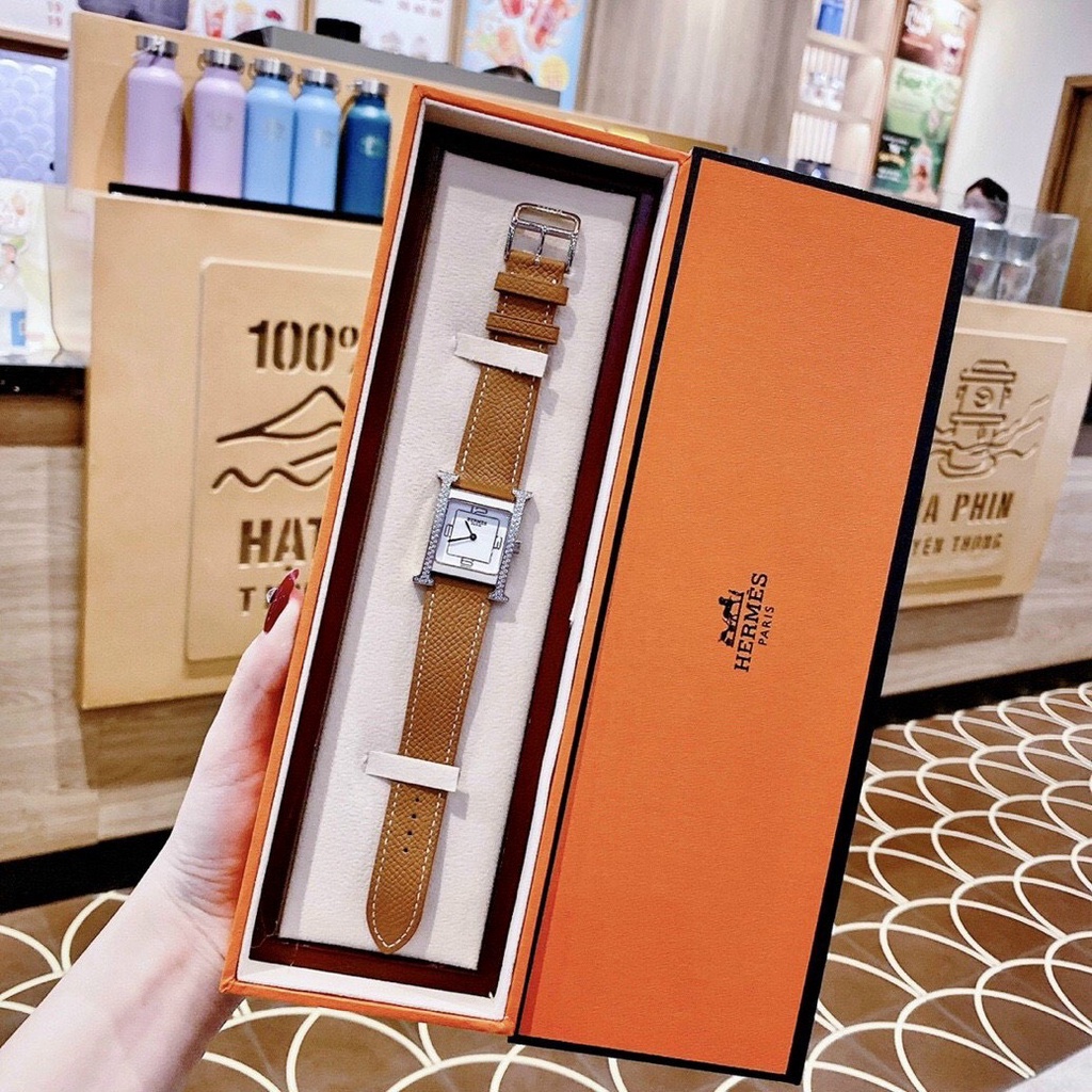 Đồng hồ Hermes Heure H Double Jeu nữ dây da - Viền Ceramic Mặt Đính Đá - Size 26x32mm hermes