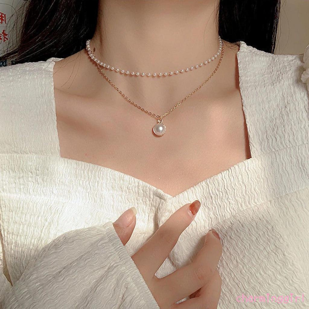 Vòng cổ hợp kim 2 lớp đính ngọc trai giả thời trang