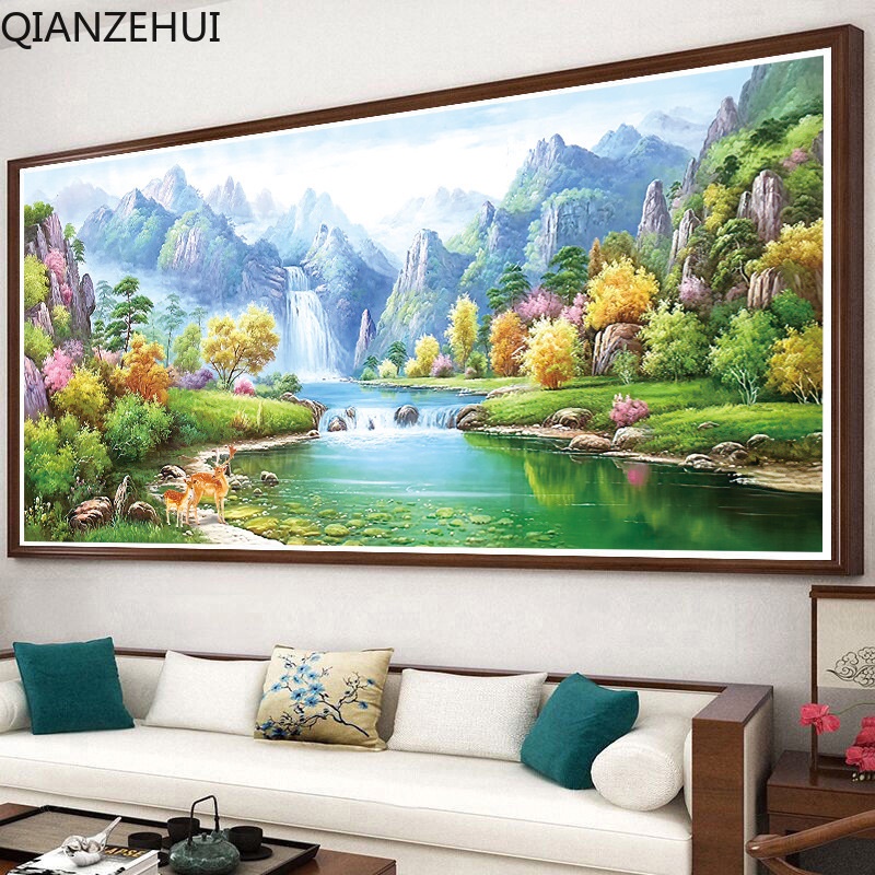 Bộ Tranh Thêu Chữ Thập diy 11ct Hình Phong Cảnh Núi Xanh Và Nước Xanh Lá Bằng cotton