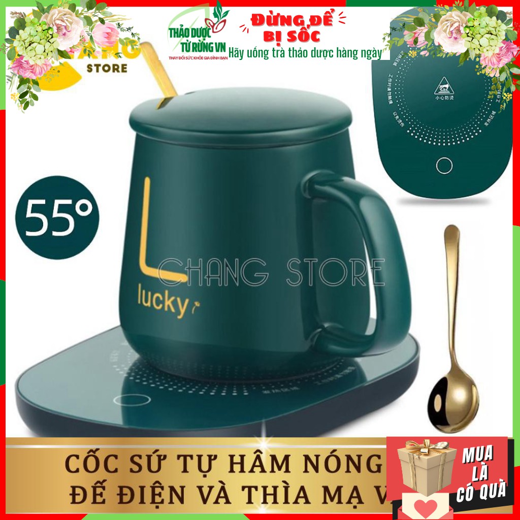 Bộ Cốc Sứ hâm nóng cao cấp kèm đế điện, Ly sứ kèm đế điện hâm nóng cafe, sữa, trà Tặng kèm thìa mạ vàng tiện lợi