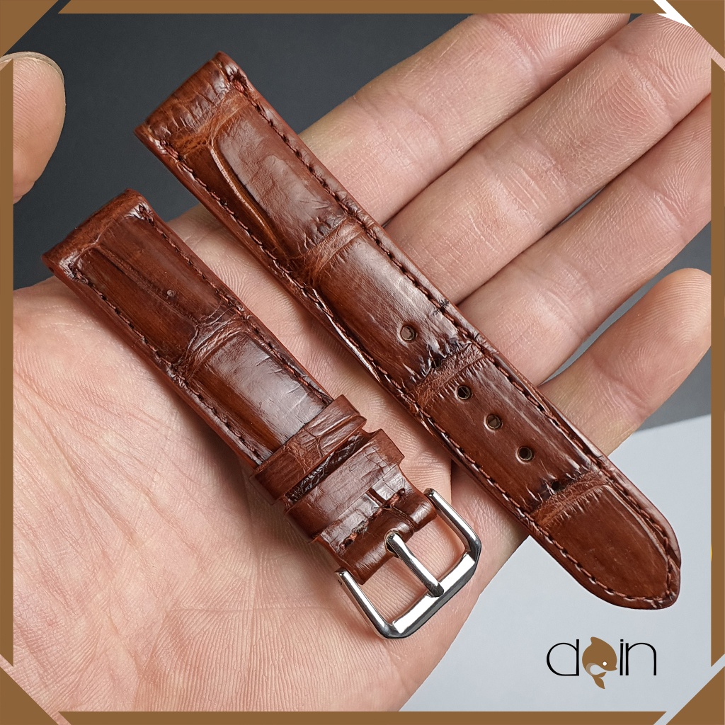Dây đồng hồ da cá sấu thật, màu nâu đỏ, dây đồng hồ nam nữ DH105 - BH 3 Năm