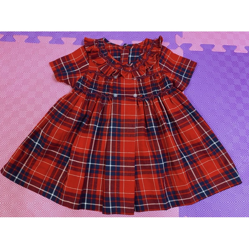 Đầm smock thêu tay caro đỏ