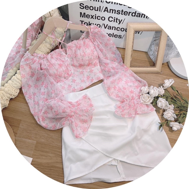 Set hoa dây chân váy trắng