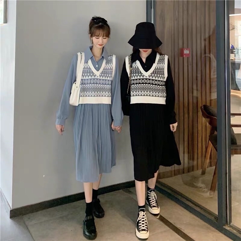 Áo gile thổ cẩm, gile len nữ đen trắng cổ V chất len lông thỏ mềm mịn boong_clothing